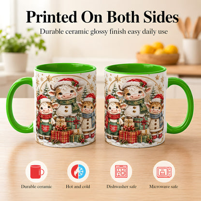 #pl[11oz|Green] Cute Christmas Cow Coffee Mug, Festive Calf Mug, Ceramic Cup