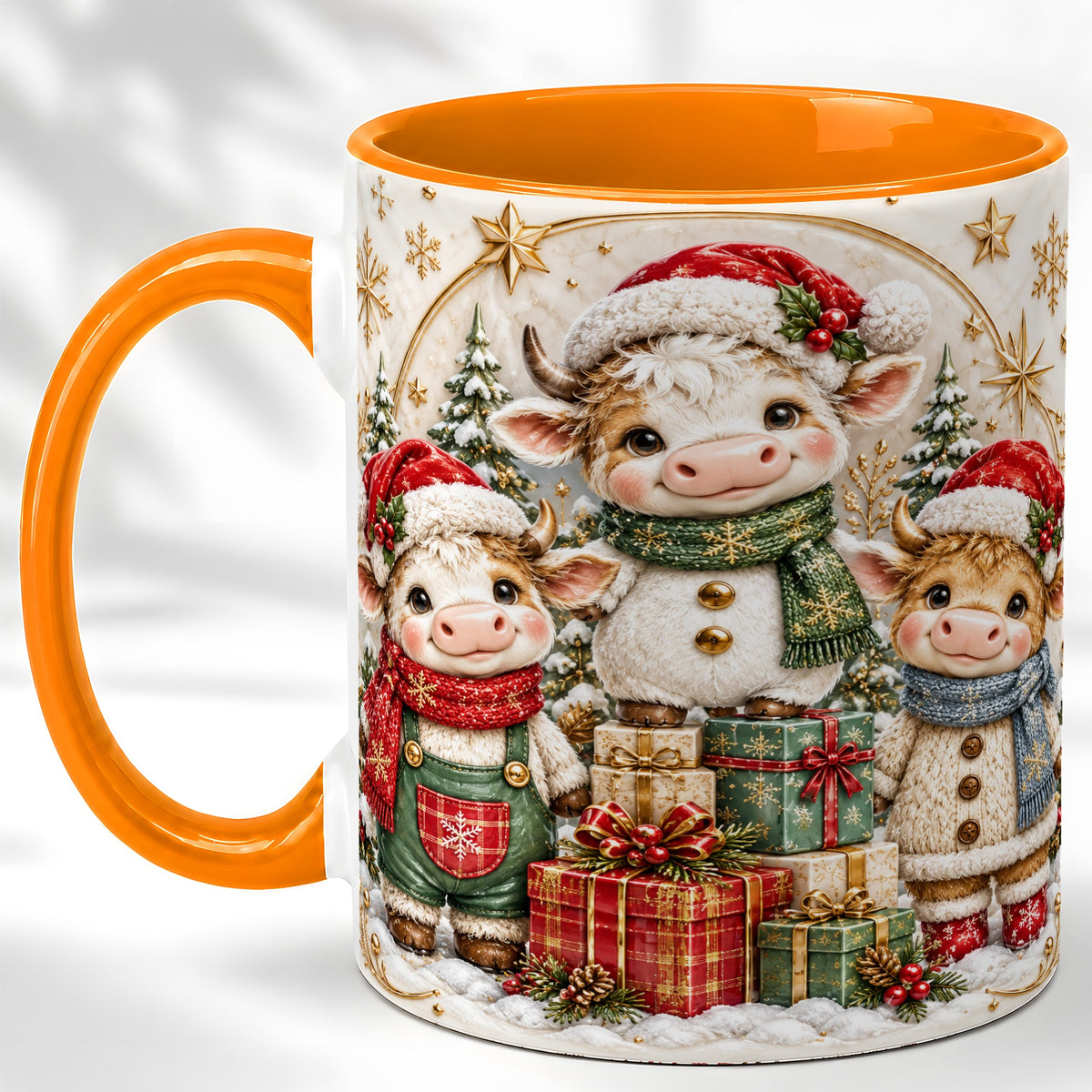 #pl[11oz|Orange] Cute Christmas Cow Coffee Mug, Festive Calf Mug, Ceramic Cup