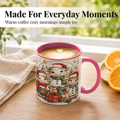 #pl[11oz|Pink] Cute Christmas Cow Coffee Mug, Festive Calf Mug, Ceramic Cup