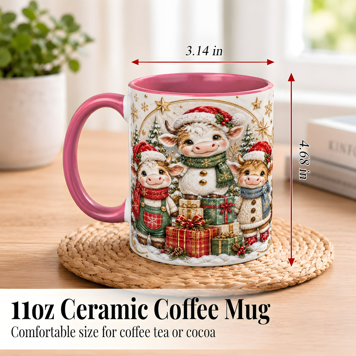 #pl[11oz|Pink] Cute Christmas Cow Coffee Mug, Festive Calf Mug, Ceramic Cup
