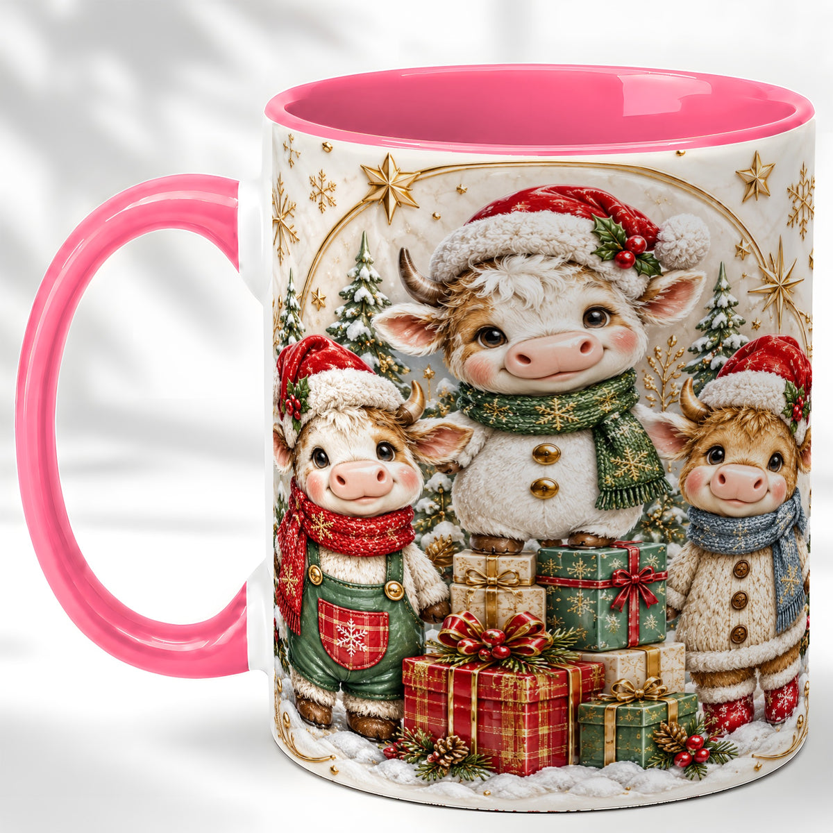 #pl[11oz|Pink] Cute Christmas Cow Coffee Mug, Festive Calf Mug, Ceramic Cup