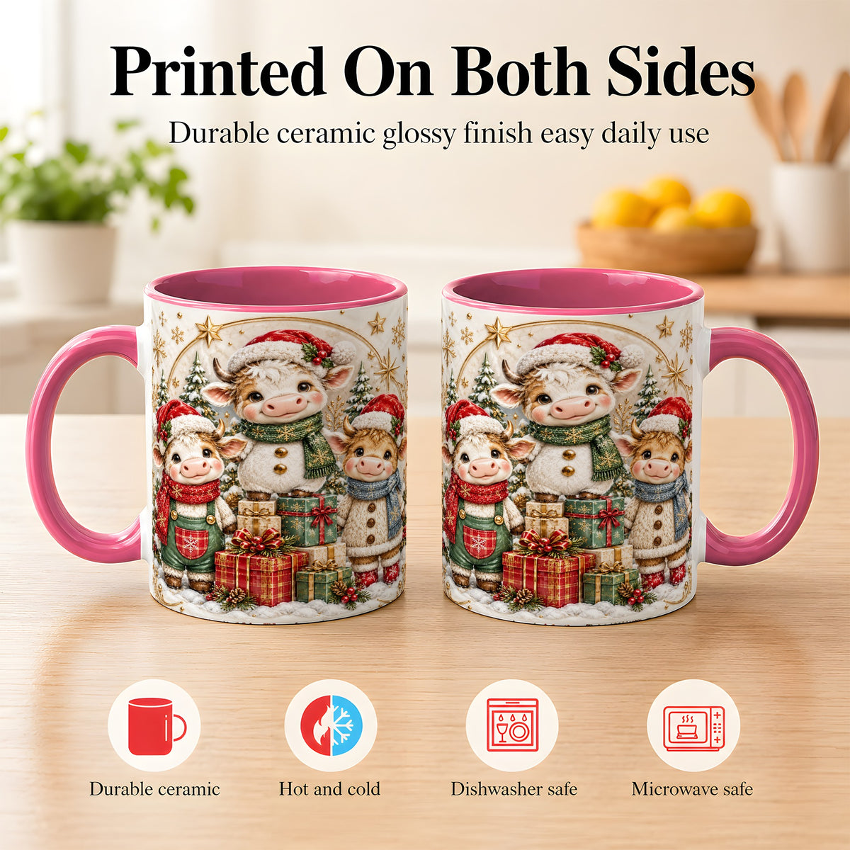 #pl[11oz|Pink] Cute Christmas Cow Coffee Mug, Festive Calf Mug, Ceramic Cup