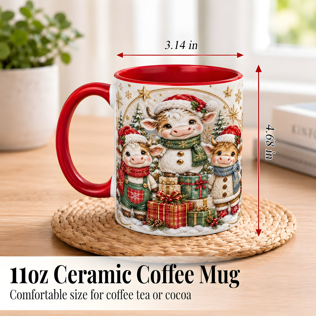 #pl[11oz|Red] Cute Christmas Cow Coffee Mug, Festive Calf Mug, Ceramic Cup