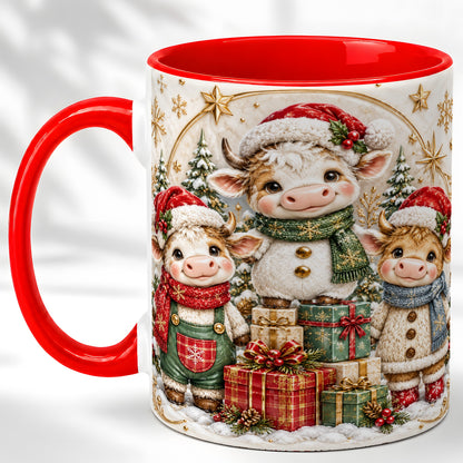 #pl[11oz|Red] Cute Christmas Cow Coffee Mug, Festive Calf Mug, Ceramic Cup