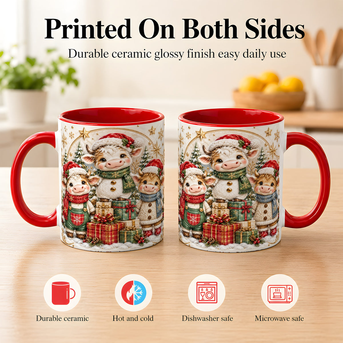 #pl[11oz|Red] Cute Christmas Cow Coffee Mug, Festive Calf Mug, Ceramic Cup