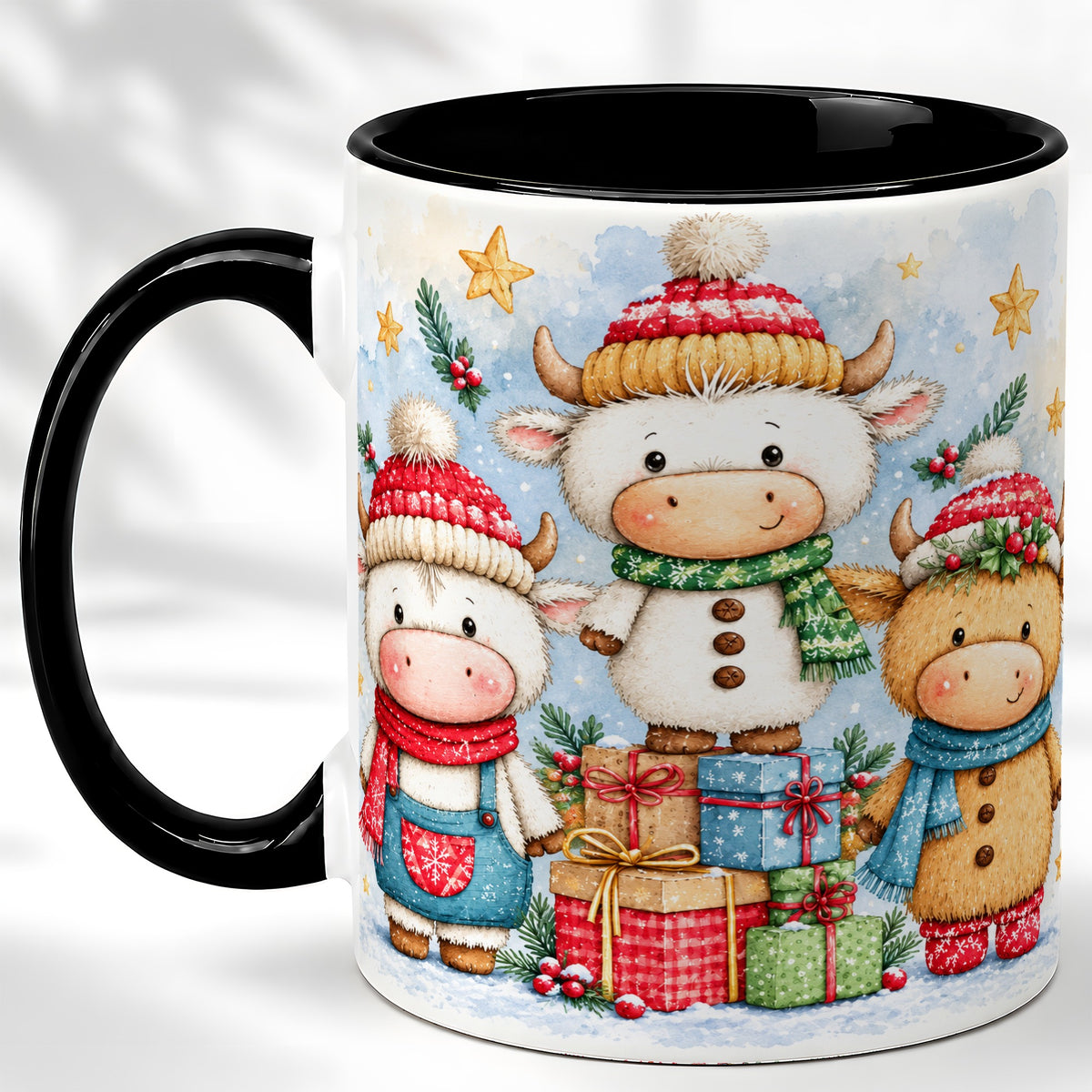 #pl[11oz|Black] Christmas Cow Coffee Mug, Watercolor Winter Calf Mug, Ceramic Cup