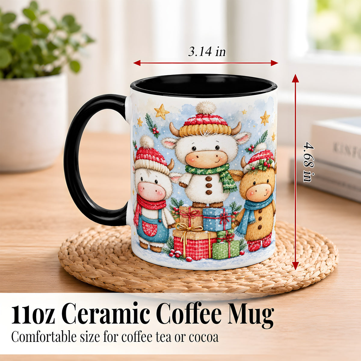 #pl[11oz|Black] Christmas Cow Coffee Mug, Watercolor Winter Calf Mug, Ceramic Cup
