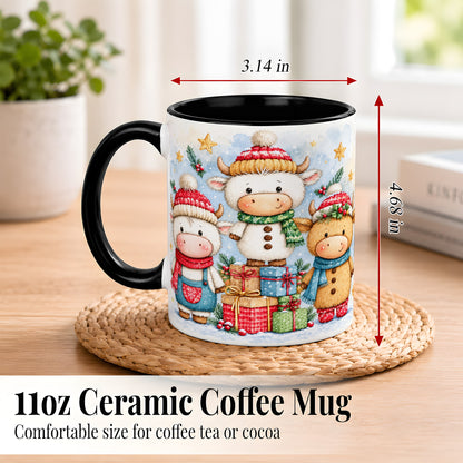 #pl[11oz|Black] Christmas Cow Coffee Mug, Watercolor Winter Calf Mug, Ceramic Cup