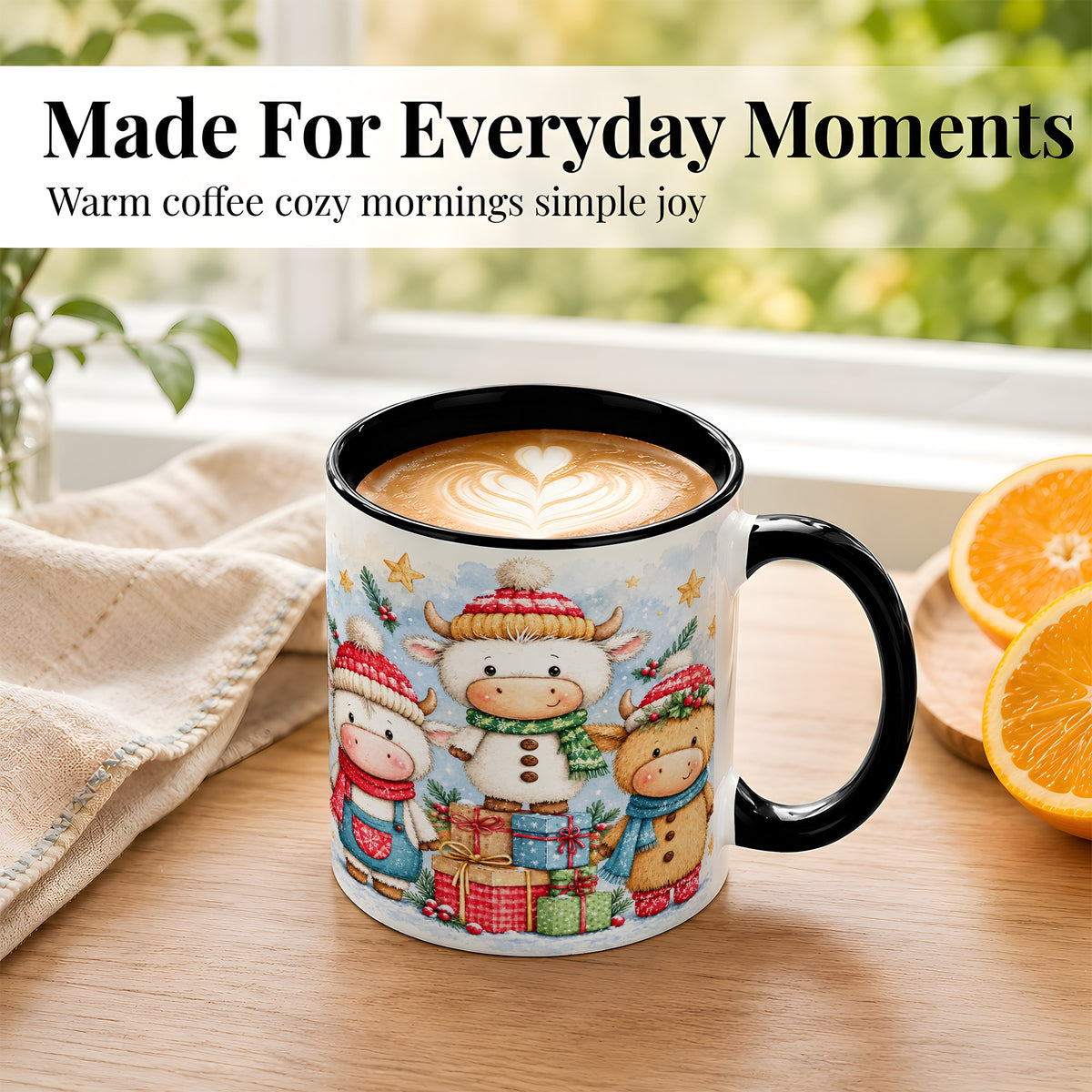 #pl[11oz|Black] Christmas Cow Coffee Mug, Watercolor Winter Calf Mug, Ceramic Cup