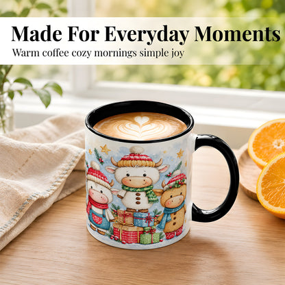 #pl[11oz|Black] Christmas Cow Coffee Mug, Watercolor Winter Calf Mug, Ceramic Cup
