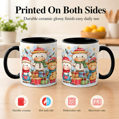 #pl[11oz|Black] Christmas Cow Coffee Mug, Watercolor Winter Calf Mug, Ceramic Cup