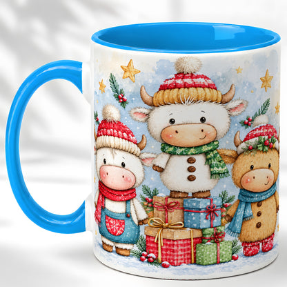 #pl[11oz|Blue] Christmas Cow Coffee Mug, Watercolor Winter Calf Mug, Ceramic Cup