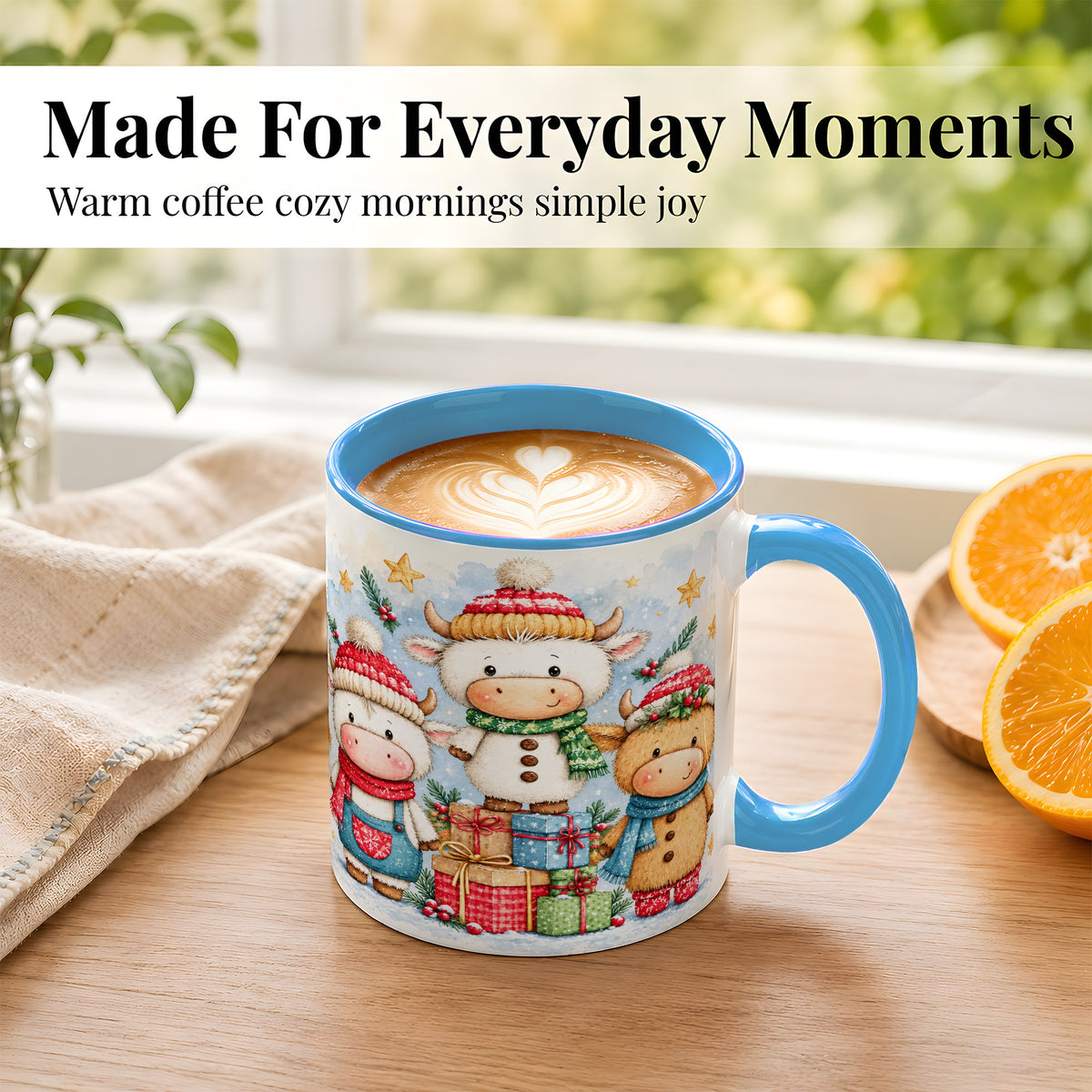 #pl[11oz|Blue] Christmas Cow Coffee Mug, Watercolor Winter Calf Mug, Ceramic Cup