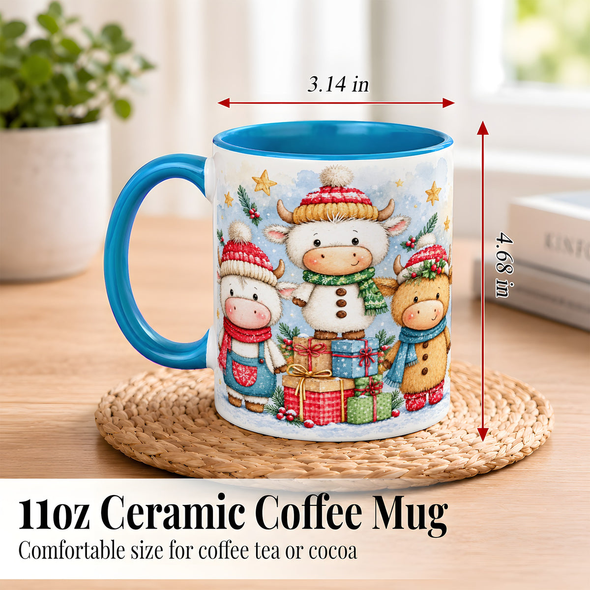 #pl[11oz|Blue] Christmas Cow Coffee Mug, Watercolor Winter Calf Mug, Ceramic Cup