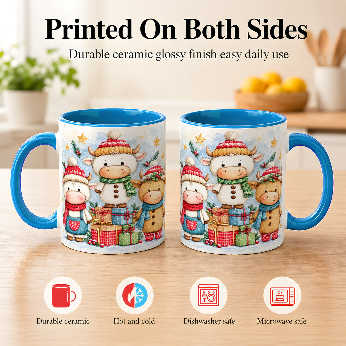 #pl[11oz|Blue] Christmas Cow Coffee Mug, Watercolor Winter Calf Mug, Ceramic Cup