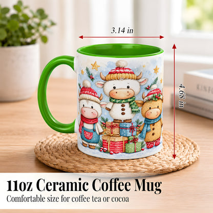 #pl[11oz|Green] Christmas Cow Coffee Mug, Watercolor Winter Calf Mug, Ceramic Cup