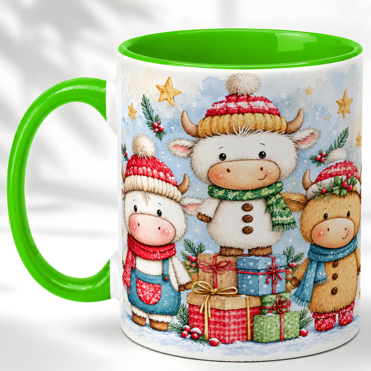 #pl[11oz|Green] Christmas Cow Coffee Mug, Watercolor Winter Calf Mug, Ceramic Cup