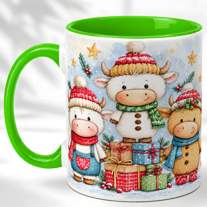 #pl[11oz|Green] Christmas Cow Coffee Mug, Watercolor Winter Calf Mug, Ceramic Cup