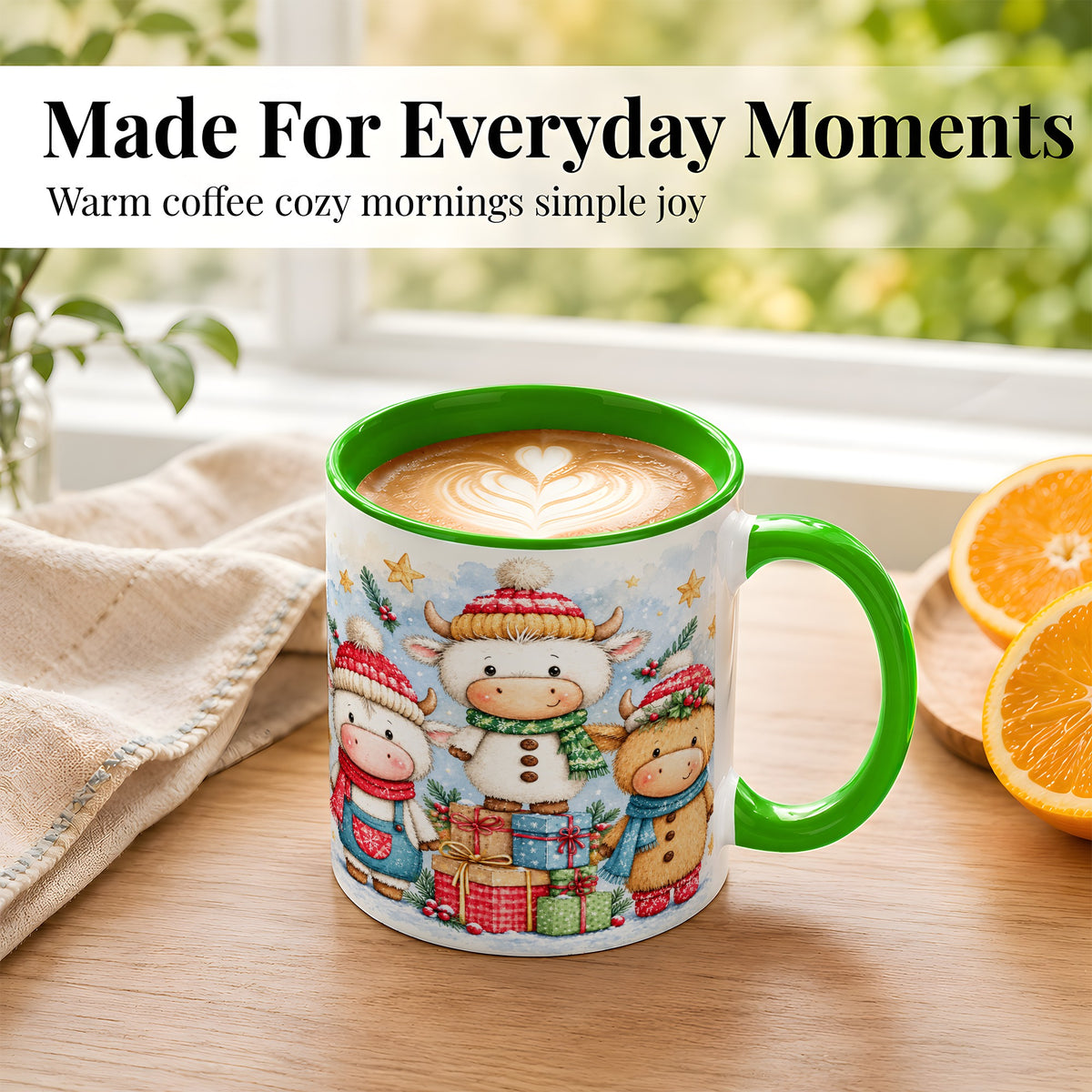 #pl[11oz|Green] Christmas Cow Coffee Mug, Watercolor Winter Calf Mug, Ceramic Cup
