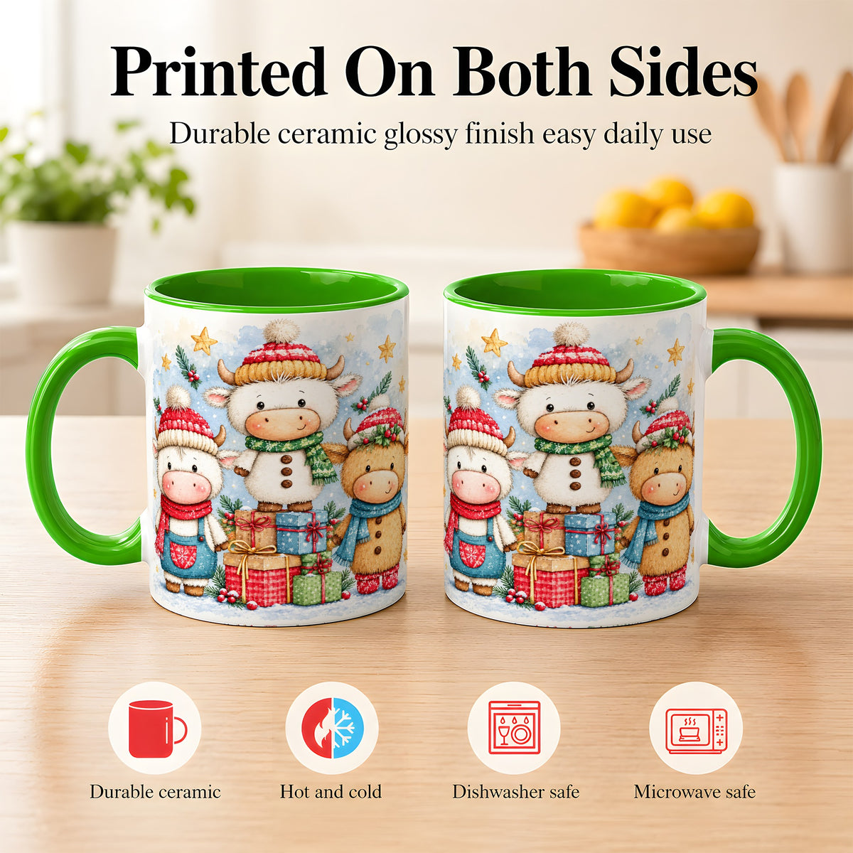 #pl[11oz|Green] Christmas Cow Coffee Mug, Watercolor Winter Calf Mug, Ceramic Cup