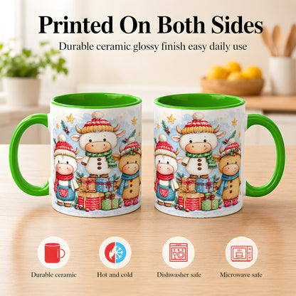 #pl[11oz|Green] Christmas Cow Coffee Mug, Watercolor Winter Calf Mug, Ceramic Cup