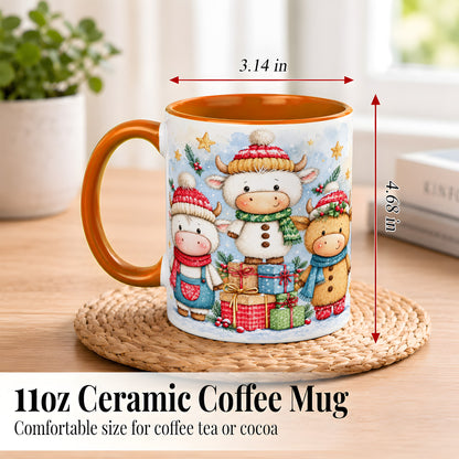 #pl[11oz|Orange] Christmas Cow Coffee Mug, Watercolor Winter Calf Mug, Ceramic Cup