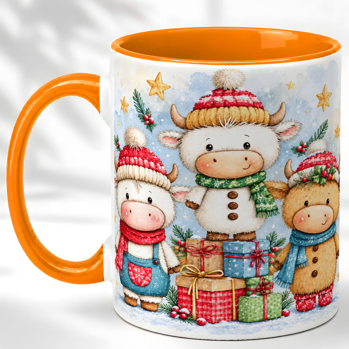 #pl[11oz|Orange] Christmas Cow Coffee Mug, Watercolor Winter Calf Mug, Ceramic Cup