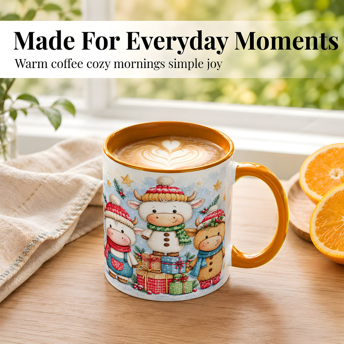 #pl[11oz|Orange] Christmas Cow Coffee Mug, Watercolor Winter Calf Mug, Ceramic Cup