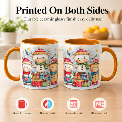 #pl[11oz|Orange] Christmas Cow Coffee Mug, Watercolor Winter Calf Mug, Ceramic Cup