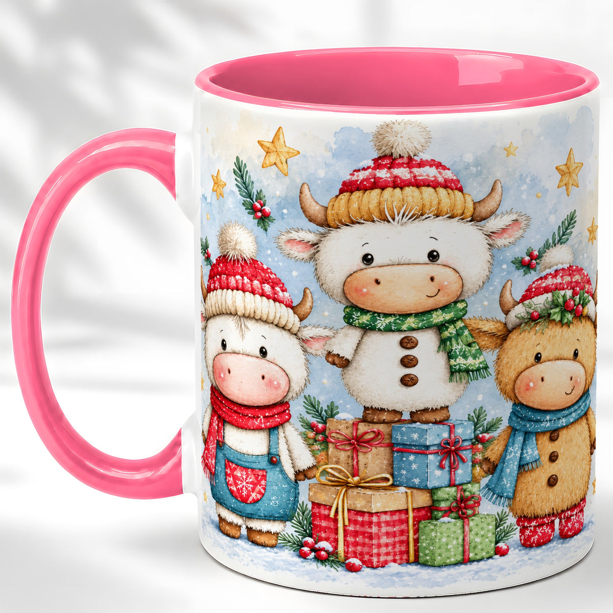 #pl[11oz|Pink] Christmas Cow Coffee Mug, Watercolor Winter Calf Mug, Ceramic Cup