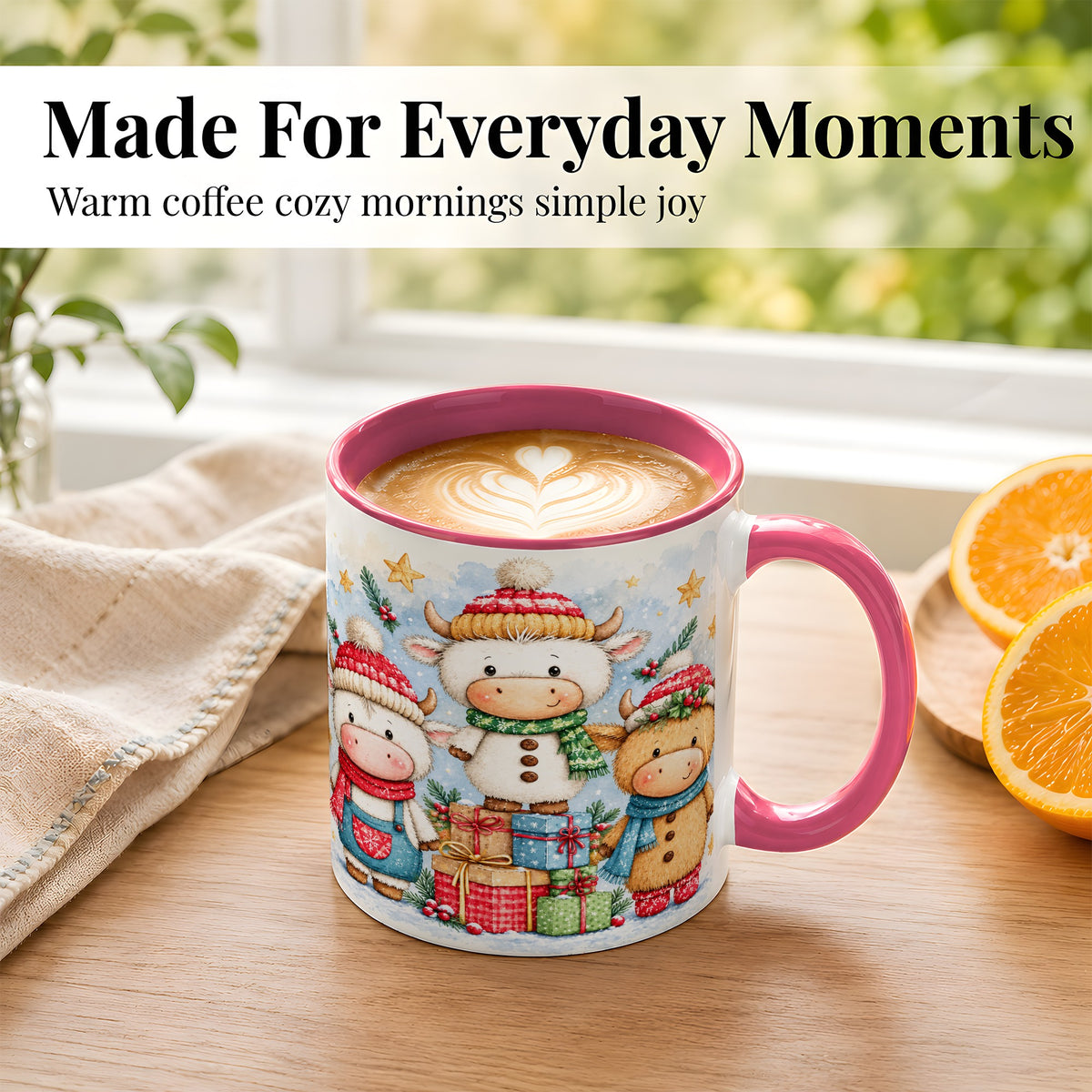 #pl[11oz|Pink] Christmas Cow Coffee Mug, Watercolor Winter Calf Mug, Ceramic Cup