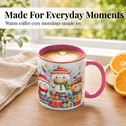 #pl[11oz|Pink] Christmas Cow Coffee Mug, Watercolor Winter Calf Mug, Ceramic Cup