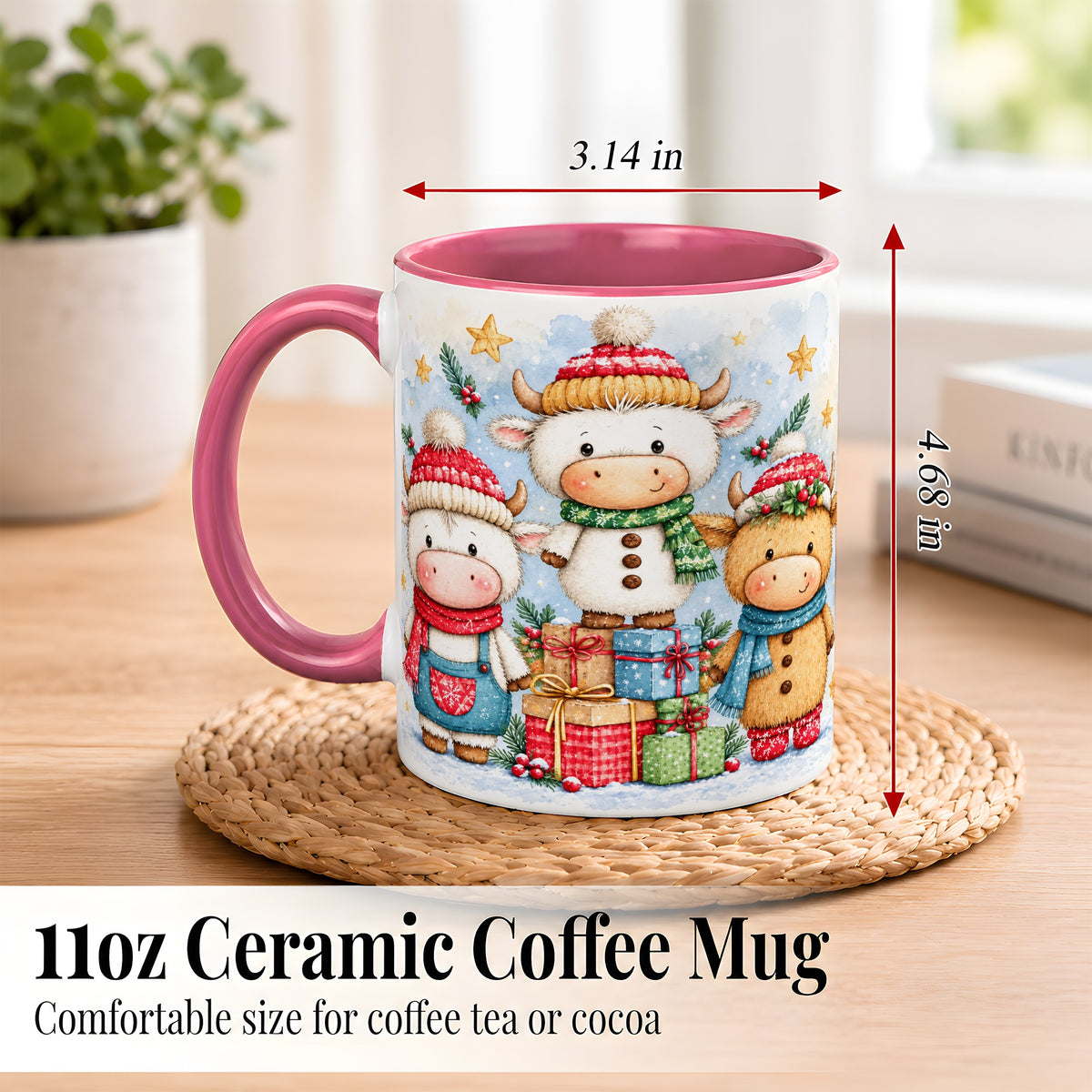 #pl[11oz|Pink] Christmas Cow Coffee Mug, Watercolor Winter Calf Mug, Ceramic Cup