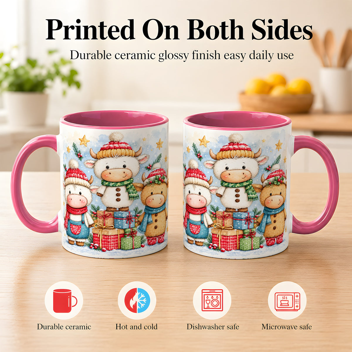 #pl[11oz|Pink] Christmas Cow Coffee Mug, Watercolor Winter Calf Mug, Ceramic Cup