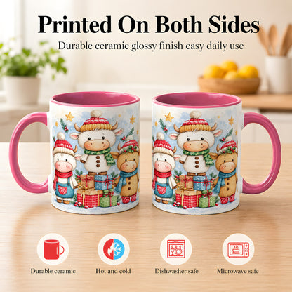 #pl[11oz|Pink] Christmas Cow Coffee Mug, Watercolor Winter Calf Mug, Ceramic Cup