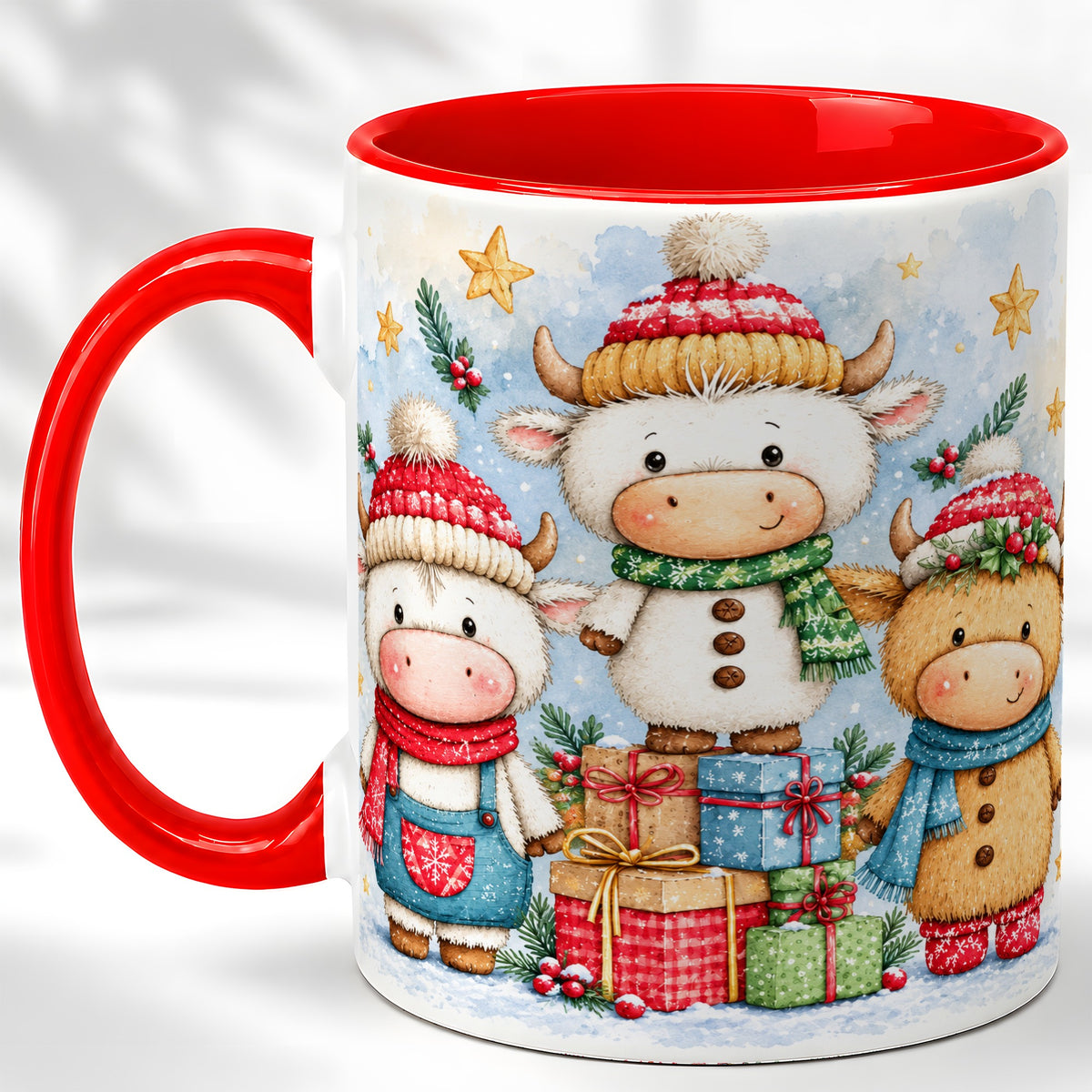 #pl[11oz|Red] Christmas Cow Coffee Mug, Watercolor Winter Calf Mug, Ceramic Cup