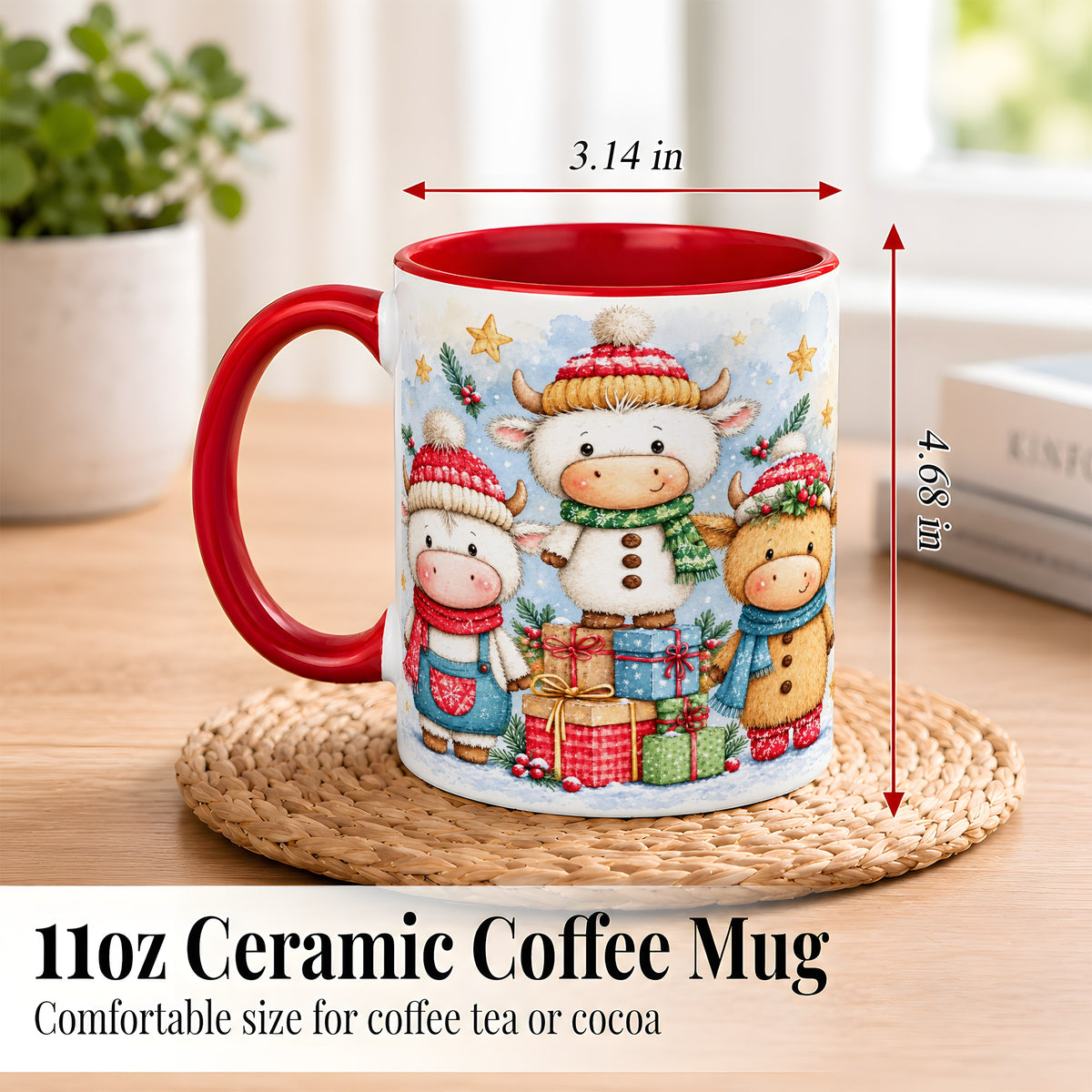 #pl[11oz|Red] Christmas Cow Coffee Mug, Watercolor Winter Calf Mug, Ceramic Cup