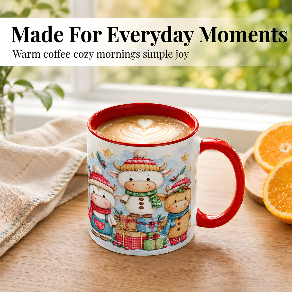#pl[11oz|Red] Christmas Cow Coffee Mug, Watercolor Winter Calf Mug, Ceramic Cup
