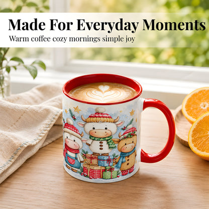 #pl[11oz|Red] Christmas Cow Coffee Mug, Watercolor Winter Calf Mug, Ceramic Cup