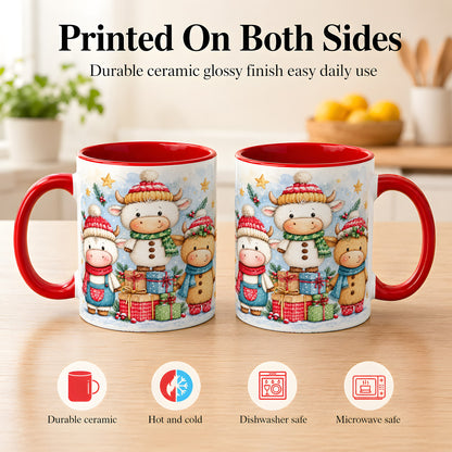 #pl[11oz|Red] Christmas Cow Coffee Mug, Watercolor Winter Calf Mug, Ceramic Cup