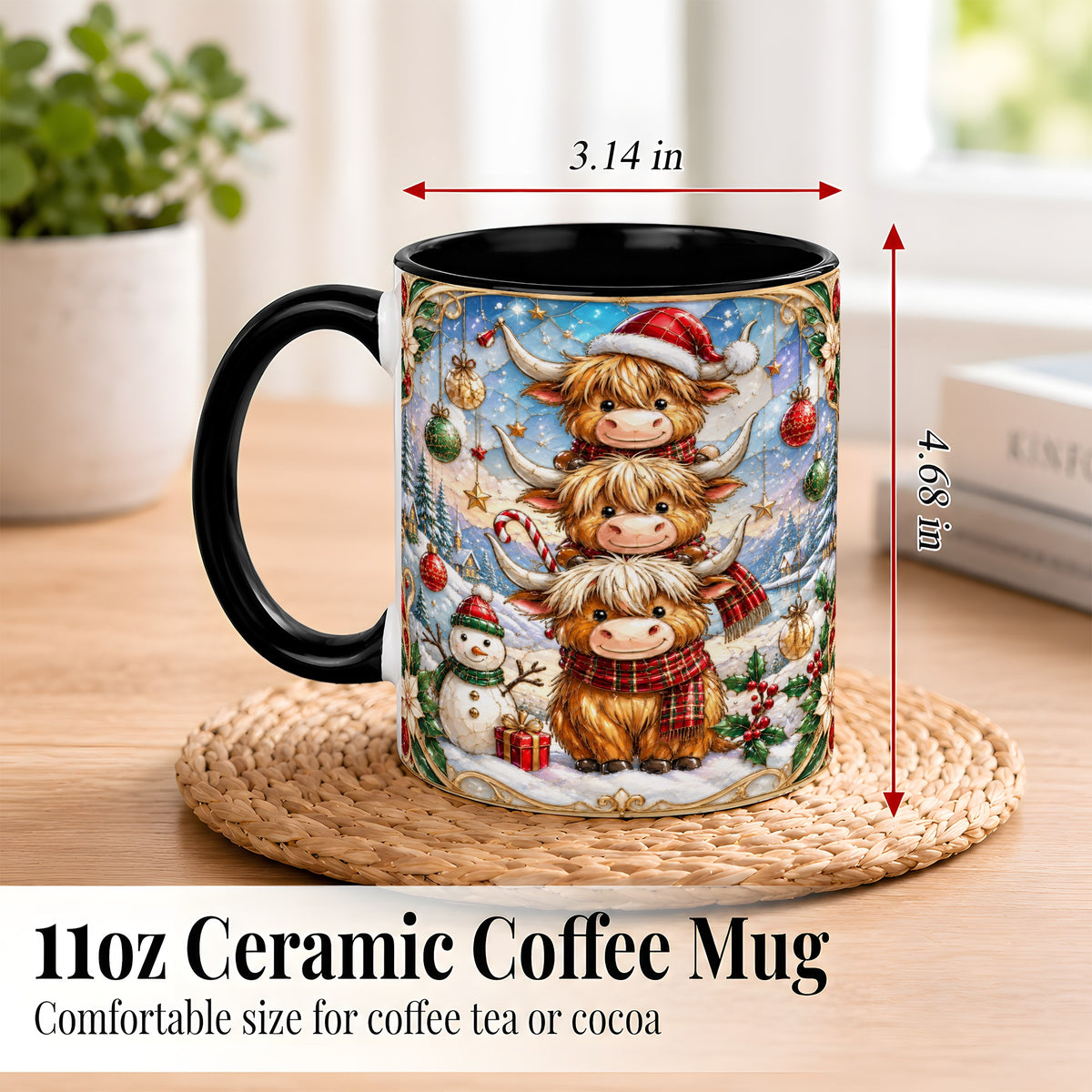 #pl[11oz|Black] Christmas Highland Cow Coffee Mug, Stacked Cow Mug, Ceramic Cup