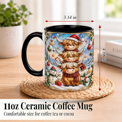 #pl[11oz|Black] Christmas Highland Cow Coffee Mug, Stacked Cow Mug, Ceramic Cup