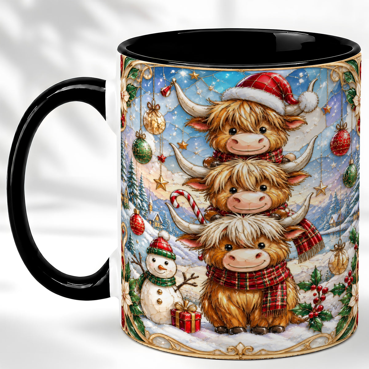 #pl[11oz|Black] Christmas Highland Cow Coffee Mug, Stacked Cow Mug, Ceramic Cup