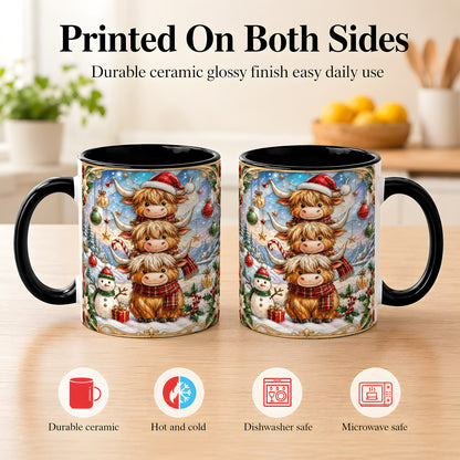 #pl[11oz|Black] Christmas Highland Cow Coffee Mug, Stacked Cow Mug, Ceramic Cup