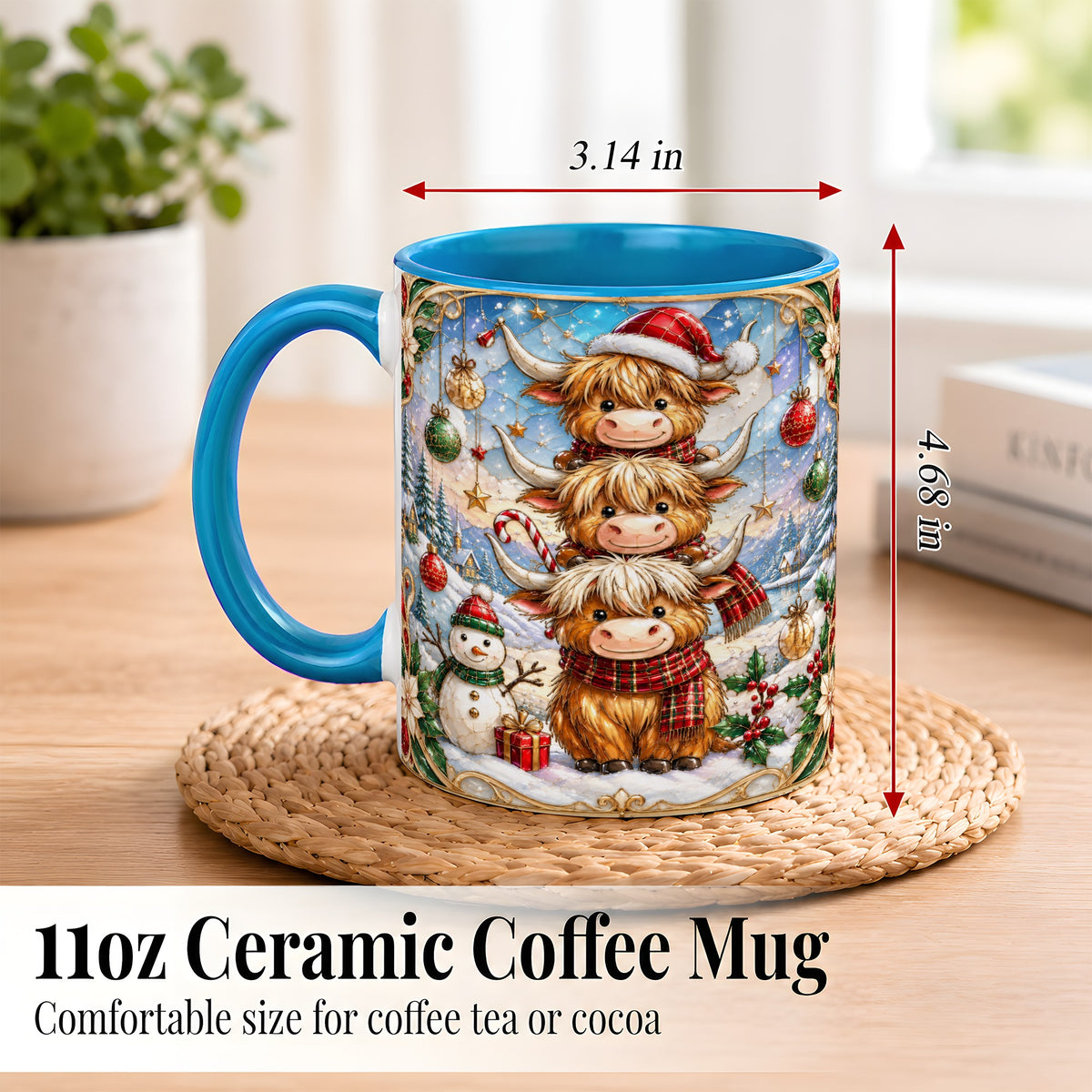 #pl[11oz|Blue] Christmas Highland Cow Coffee Mug, Stacked Cow Mug, Ceramic Cup