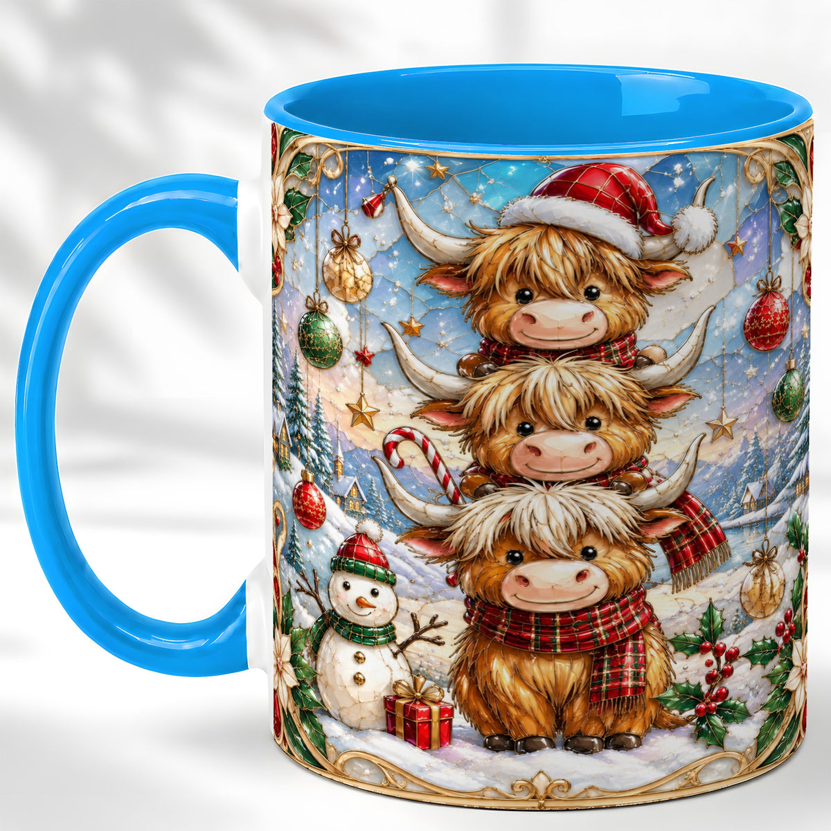 #pl[11oz|Blue] Christmas Highland Cow Coffee Mug, Stacked Cow Mug, Ceramic Cup