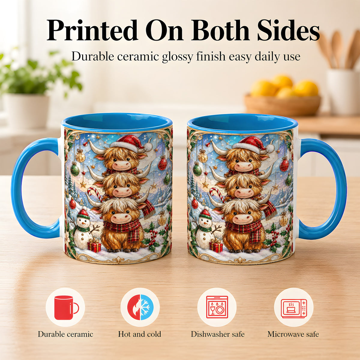 #pl[11oz|Blue] Christmas Highland Cow Coffee Mug, Stacked Cow Mug, Ceramic Cup