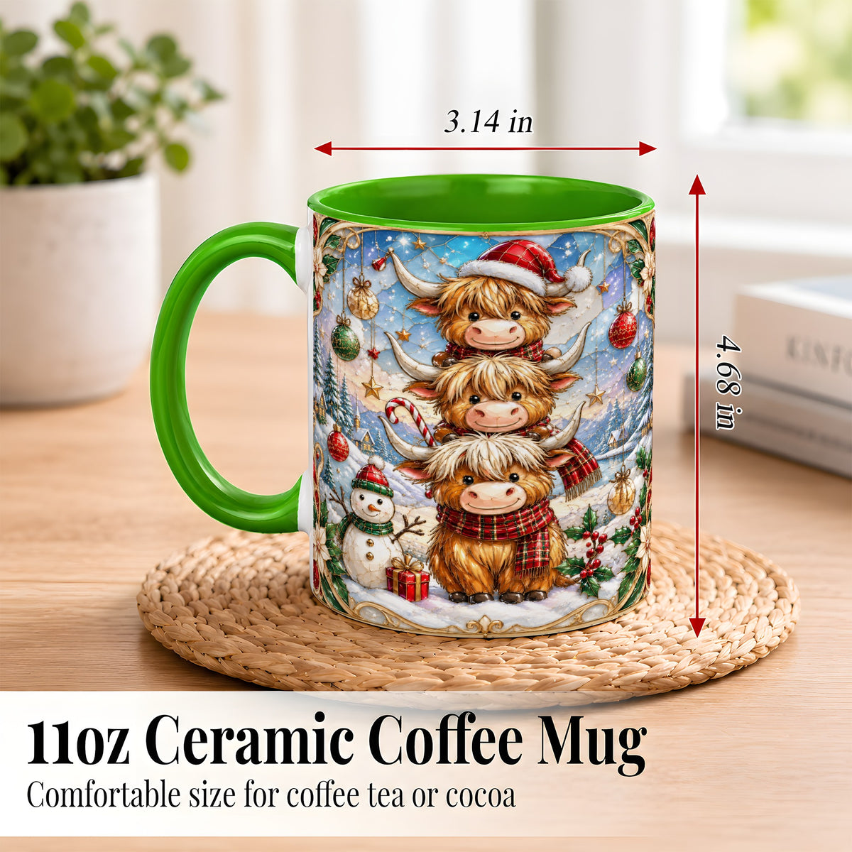 #pl[11oz|Green] Christmas Highland Cow Coffee Mug, Stacked Cow Mug, Ceramic Cup