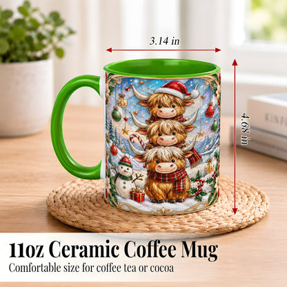#pl[11oz|Green] Christmas Highland Cow Coffee Mug, Stacked Cow Mug, Ceramic Cup