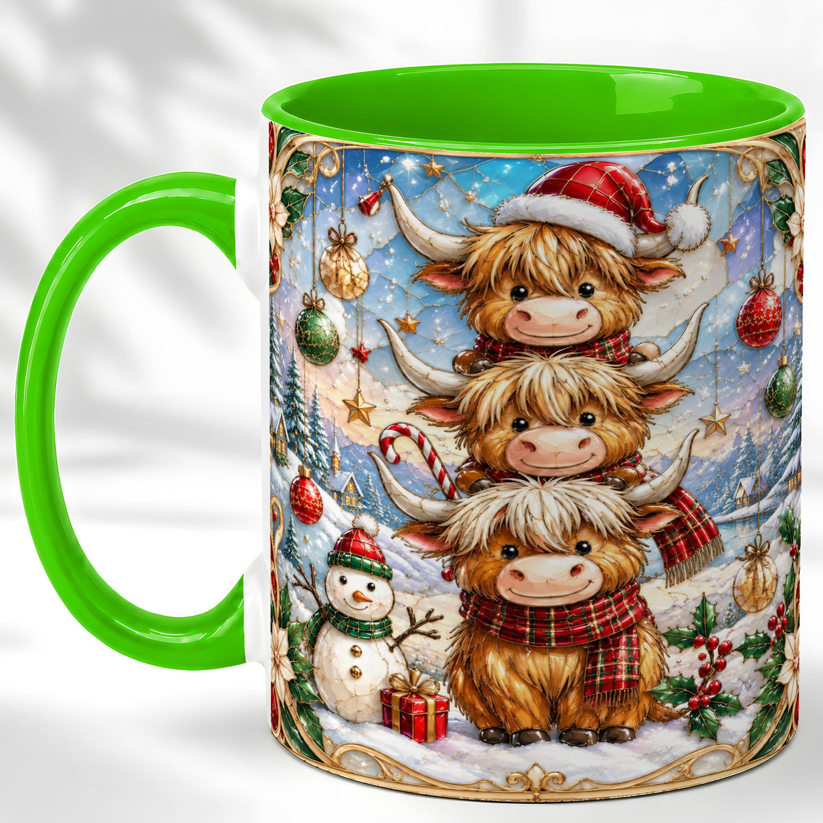 #pl[11oz|Green] Christmas Highland Cow Coffee Mug, Stacked Cow Mug, Ceramic Cup